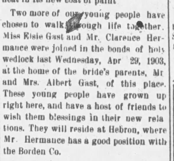 Elise Gast marriage to Clarence Hermance 1903
